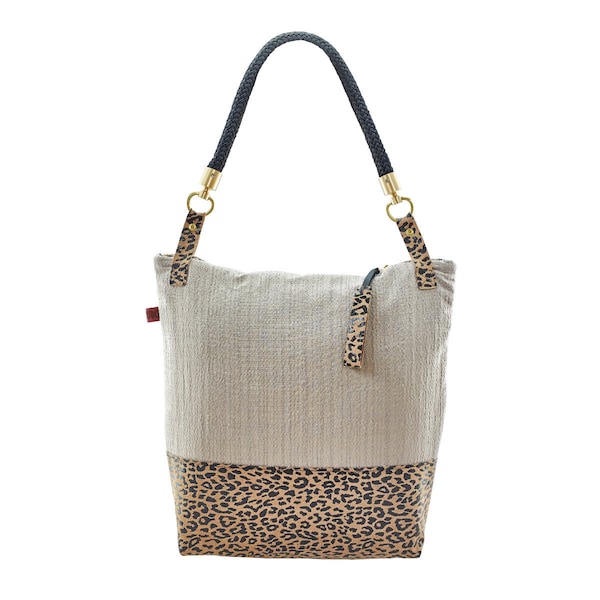 große Stoff-/Ledertasche leopard, Stofftasche, Shopper, Designtasche, Schultertasche, Tasche Damen, Schultertasche, Serie defleur Tauwerk