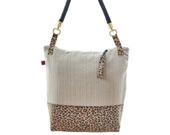 gran tela / cuero bolso leopardo, bolso de tela, comprador, bolsa de diseño, bolso de hombro, bolso de señora, bolso de hombro, serie defleur rocío