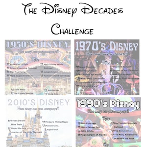May include: A colorful infographic lists Disney rides, attractions, and food options from the 1950s, 1970s, 1990s, and 2010s. The infographic is divided into four sections, each with a different decade. Each section includes a list of rides, attractions, and food options, as well as a section for "Instagram It" which lists photo opportunities.