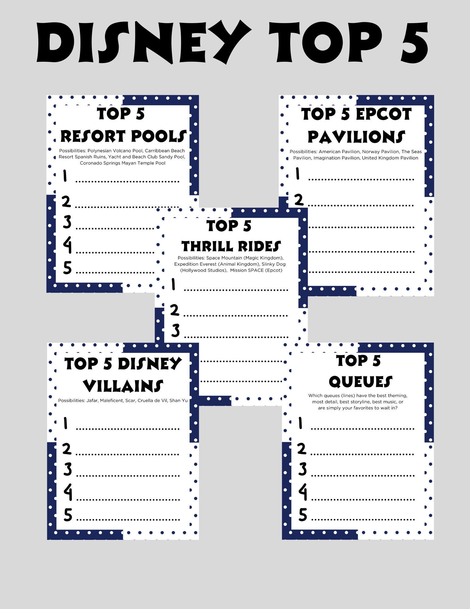 WDW Checklist Top 5 for Theme Parks PRINTABLE - Line Waiting Games ...