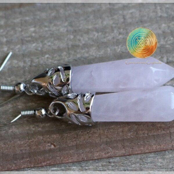Rozenkwarts Oorbellen, zilveren vergulde oorbellen, Rozenkwarts edelsteen Earring, natuurlijke Rozenkwarts aanwijst, punt oorbellen, doordrenkt van Reiki, Healing