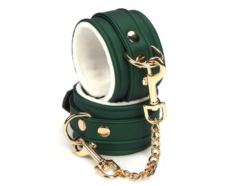 Green PU Plush Linging Bondage Ankle Cuffs with Chain and Quick Release Clip  for BDSM FemDom DDLG Restraints - By Liebe Seele