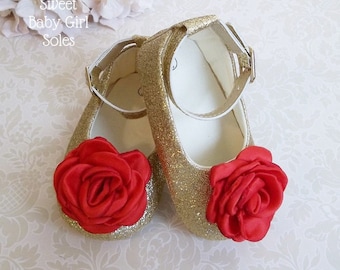Red and Gold Christmas Outfit, Red and Gold Baby Shoes, Baby Girl Christmas Outfit, Baby Girl Christmas Shoes, Belle Birthday Outfit