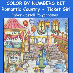 May include: Color by numbers kit featuring a girl with a ticket in a whimsical, colorful town with a ticket booth, a boat, and a pond. The kit is titled "Romantic Country - Ticket Girl" and is by Faber Castell Polychromos.
