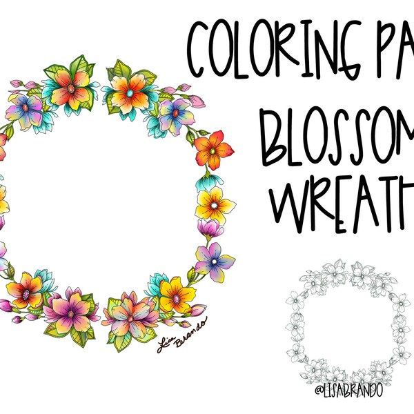 Blossom Wreath Coloring Page by Lisa Brando - Instant Download - Frame and Sell - Make Money Coloring Art