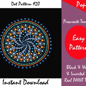 May include: A digital mandala pattern with a spiral design in shades of blue, orange, and green. The pattern is on a black background and labeled "Dot Pattern #20".
