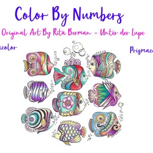 May include: Color By Numbers coloring page featuring a circular design of eight colorful fish with intricate patterns. The title "Color By Numbers" and "Original Art By Rita Berman - Unter der Lupe" are written at the top of the page. The words "Prismacolor" are written on either side of the design.