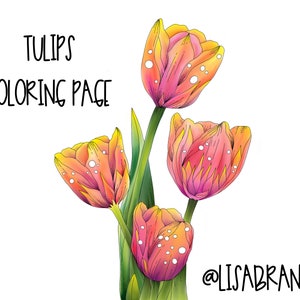 May include: A coloring page featuring three pink and yellow tulips with dew drops. The text "TULIPS COLORING PAGE" is at the top of the page and the text "@LISABRANDO" is at the bottom of the page.