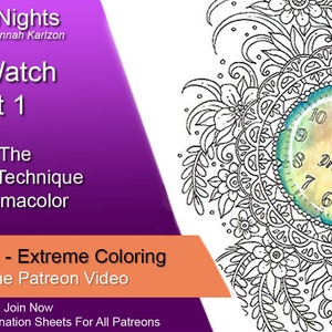 May include: A black and white illustration of a pocket watch with intricate floral designs. The watch face is colored with watercolor and says "Dream". The text "Summer Nights Coloring Book By Hannah Karlzon" is at the top of the image. The text "The Watch Part 1" is below the watch. The text "Learn The Watercolor Technique Using Prismacolor" is below that. The text "Lisa Brando - Extreme Coloring Real Time Patreon Video" is below that. The text "Join Now FREE Color Combination Sheets For All Patreons" is below that. The text "39:29" is in the bottom right corner of the image.
