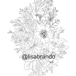 May include: A black and white line drawing of a bouquet of flowers. The bouquet includes various types of flowers, including roses, daisies, and forget-me-nots. The flowers are arranged in a loose, natural style.
