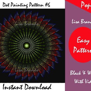 May include: Dot painting pattern #6, a colorful mandala design with a black background. The pattern is easy to follow and includes a video tutorial.  The design is perfect for beginners and experienced dot painters alike.