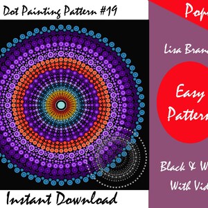 May include: A digital dot painting pattern with a circular design. The pattern features concentric circles in shades of purple, orange, and blue, with a black background. Text includes "Dot Painting Pattern #19" and "Instant Download".