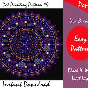 May include: A digital download of a mandala dot painting pattern. The design features concentric circles of purple, blue, orange, and white dots on a black background. Text includes "Dot Painting Pattern #9", "Instant Download", and "Easy Pattern".
