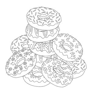 Puede incluir: Una pila de nueve donuts con diferentes coberturas, incluyendo chispas, chispas de chocolate y corazones. Los donuts están delineados en negro y listos para ser coloreados.