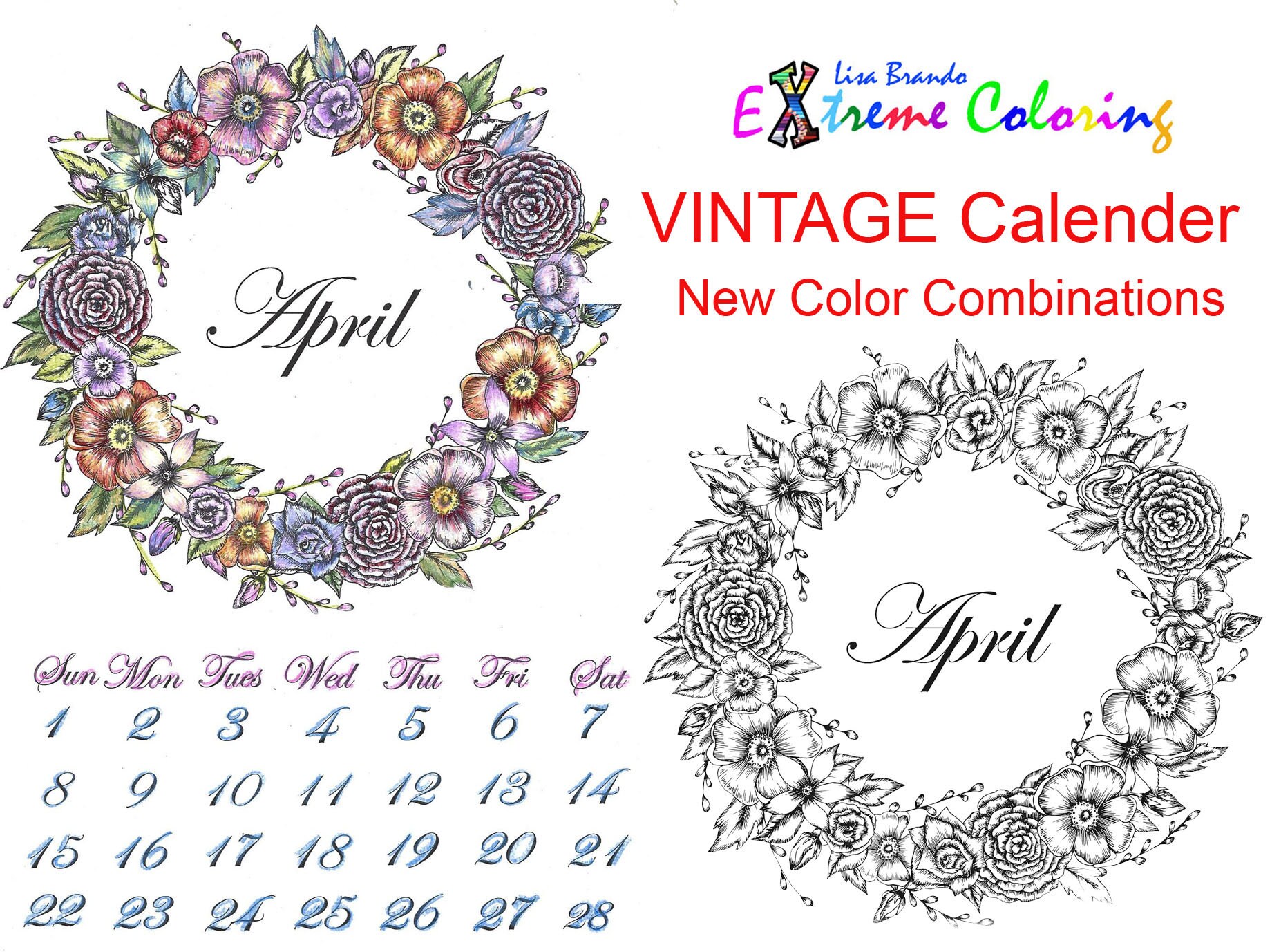 Vintage April Calendar Coloring Page With Color Combination Chart "Color By Numbers: Print Lisa Brando Extreme Coloring Printable Download