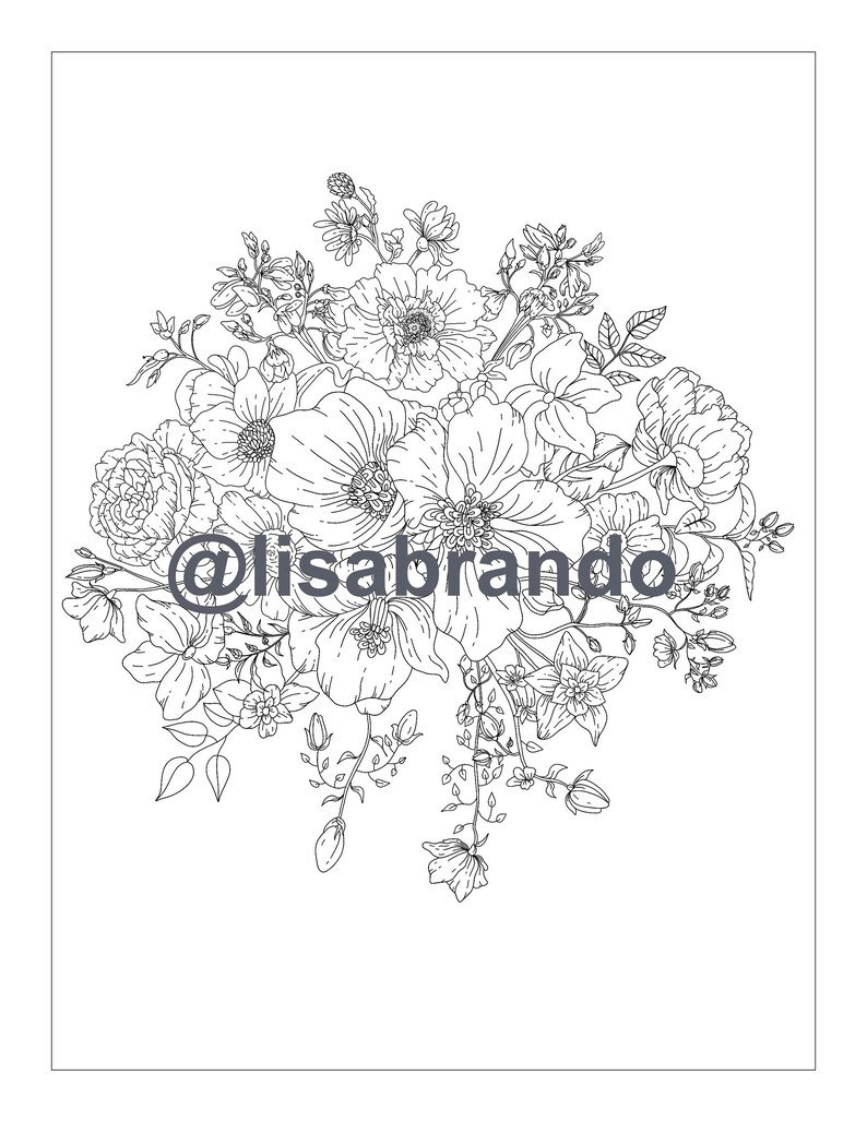 May include: A black and white line drawing of a bouquet of flowers. The flowers are arranged in a circular shape and include roses, lilies, and other types of flowers. The drawing is simple and elegant, and would be perfect for a coloring page or a tattoo design.