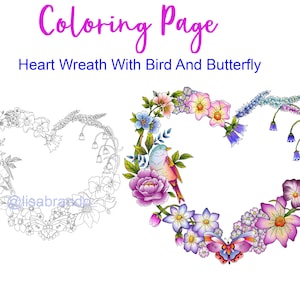 Heart Flower Wreath With Bird and Butterfly - Color and Sell - Lisa Brando, Extreme Coloring - Printable Coloring Page Download
