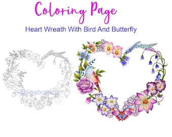 Heart Flower Wreath With Bird and Butterfly - Color and Sell - Lisa Brando, Extreme Coloring - Printable Coloring Page Download