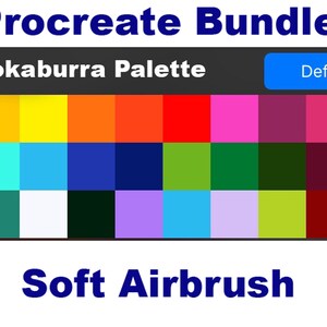 May include: Image of a Procreate Bundle with a Kookaburra Palette and Soft Airbrush text. The palette features a grid of colorful squares, including shades of yellow, orange, pink, and green. A blue button reads "Default".