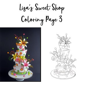 Puede incluir: Un pastel de varios pisos decorado con lunares coloridos, remolinos y lirios. El pastel está sobre un soporte para pastel blanco sobre un fondo negro. El texto "Lisa's Sweet Shop Coloring Page 3" está en la parte superior de la imagen.