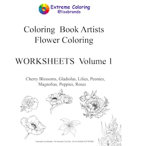 Op de afbeelding: Zwart-witte lijntekeningen van verschillende bloemen, waaronder kersenbloesems, gladiolen, lelies, pioenen, magnoliabomen, klaprozen en rozen. De titel "WORKSHEETS Volume 1" staat bovenaan de pagina.