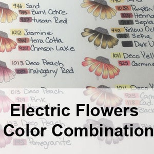 Może przedstawiać: Arkusz z ręcznie rysowanymi ilustracjami kwiatów w różnych kombinacjach kolorystycznych. Wyświetlany jest tekst "Electric Flowers" i "56 Color Combinations!". Wymienione są nazwy kolorów, takie jak "Sand", "Jasmine" i "Deco Peach".