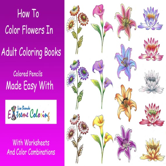 How To Color Flowers In Adult Coloring Books Worksheets Etsy