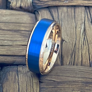 Blue Brushed Tungsten Carbide Wedding Ring with Rose Gold Band, Gift for Anniversary, Engagement, Promise Rings for Him