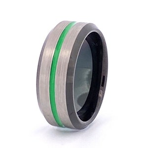 Green Grooved Black and Silver Tungsten Wedding Band | Two Tone Anniversary, Promise, Engagement Carbide Tungsten Ring, Comfort Fit 8mm