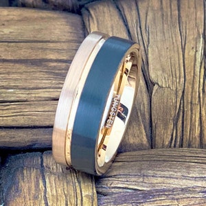 Black Brushed Mens Tungsten Carbide Wedding Ring with Rose Gold Band Grooved, Gift for Anniversary and Engagement, Promise Rings for Him