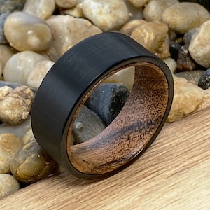 Flat Black Brushed Tungsten Wood Ring | Bocote Wood Wedding Band, Wood Engagement, Anniversary Ring, Black Tungsten Carbide Comfort Fit Band