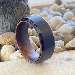 Wood Rings | Snake Wood Ring, Tungsten Carbide Wedding Band, Wood Engagement Ring, Anniversary Ring, Black Tungsten Promise Rings for Him