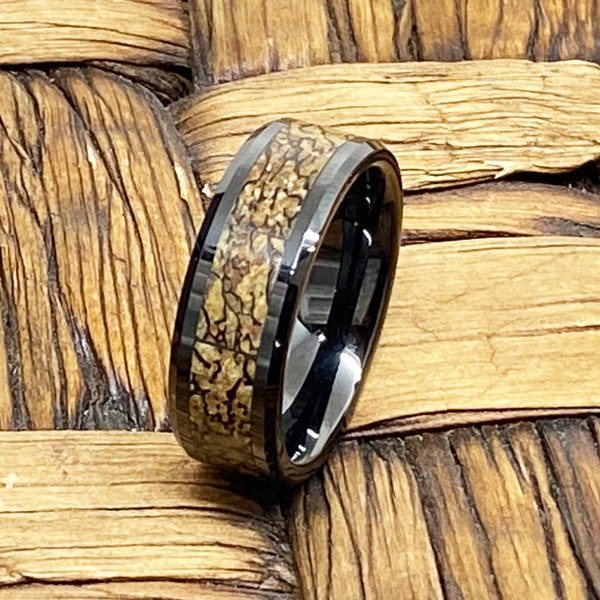 Dinosaur Bone Ring - Brown Dinosaur Bone Inlay - Ceramic Wedding Band - Beveled - Polished Finish - 4mm - 8mm - Ceramic Wedding Ring