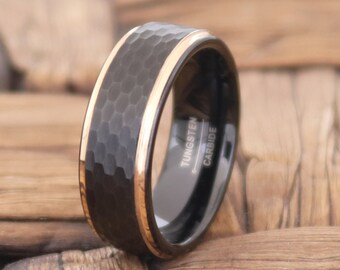 Tungsten Ring, Black Wedding Band, Tungsten Carbide 8mm, Engagement, Rings for Men, Black Ring, Promise Ring,Mens, Women, Hammered,