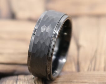 Black Tungsten Ring | Mens Wedding Band, Hammered Ring, Engagement Ring, Black Ring Tungsten, Mens Black Ring, Anniversary Ring, Couple Ring