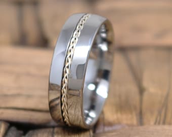 Tungsten Wedding Band Silver, Sterling Silver Braid, Tungsten Ring, Mens Wedding Band, Anniversary Ring, Tungsten Carbide, Men's Ring,Unique