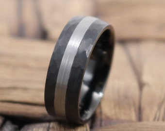 Men's Tungsten Wedding Band,Black Tungsten Ring,Brushed,Men & Women,Tungsten Carbide Ring,Hammered Sides,Anniversary Band,Promise Ring