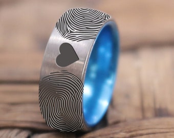 Your Actual Fingerprint Ring Handmade Men Ring Silver Two Tone Rose Gold Titanium Ring Custom Promise Ring Anniversary Gift Dome Shape 6mm