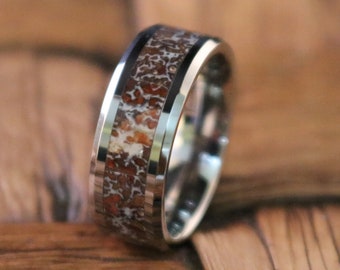 Dinosaur Bone Ring - Red Dinosaur Bone Inlay - Tungsten Wedding Band - Beveled - Polished Finish - 4mm - 8mm - Tungsten Wedding Ring