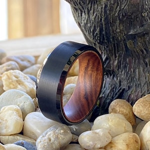 Wood Rings | Iron Wood Ring, Tungsten Carbide Wedding Band, Wood Engagement Ring, Anniversary Ring, Black Tungsten Promise Rings for Him
