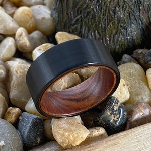 Flat Black Brushed Tungsten Wood Ring | Iron Wood Wedding Band, Wood Engagement, Anniversary Ring, Black Tungsten Carbide Comfort Fit Band