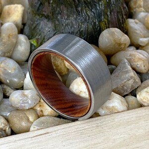 Tungsten Wood Rings | Iron Wood Wedding Band, Wood Engagement, Anniversary Ring, Silver Brushed Flat Tungsten Carbide Comfort Fit Ring