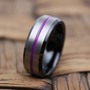 Mens Wedding Band Purple, Black Wedding Ring, Tungsten Ring 8mm, Engagement Ring, Promise Ring, Rings for Men, Rings for Women, Personalized
