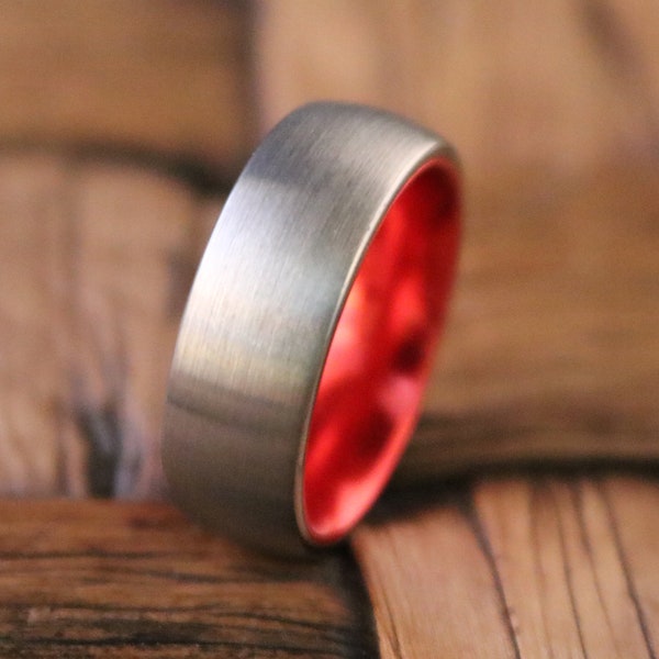 Mens Wedding Band Red, Silver Tungsten Ring, Wedding Ring 8mm, Engagement Ring, Promise Ring, Rings for Men, Personalized Ring, Brushed Ring