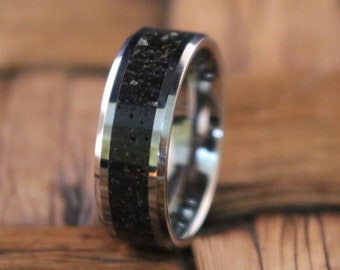 Tungsten Lava Rock Stone Black & Gray Inlay Tungsten Wedding Band Beveled Polished Finish 8mm Tungsten Wedding Ring