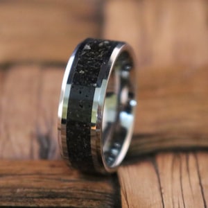 Tungsten Lava Rock Stone Black & Gray Inlay Tungsten Wedding Band Beveled Polished Finish 8mm Tungsten Wedding Ring