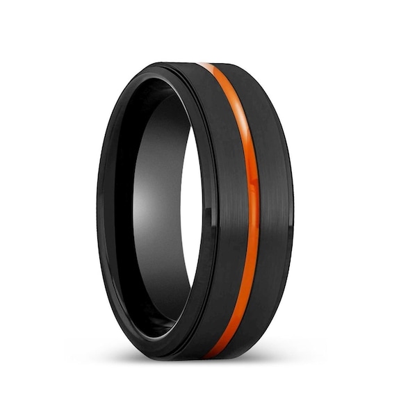 SHADOW | Tungsten Ring Black Orange Groove, Tungsten Band, Tungsten Carbide, Mens Wedding Band, Black Tungsten, Mens Ring, Personalized Ring