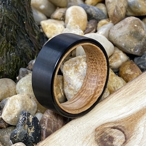 Flat Black Tungsten Wood Ring | Whiskey Barrel Wood Wedding Band, Wood Engagement, Anniversary Ring, Black Tungsten Carbide Comfort Fit Band