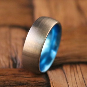 Tungsten Blue Ring Wedding Band Silver Tungsten Brushed Aqua Blue