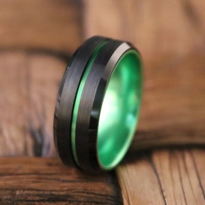 Green Tungsten Wedding Band, Black Tungsten Ring, Men & Women, Tungsten Carbide Ring, Anniversary Ring, Black Tungsten image 2
